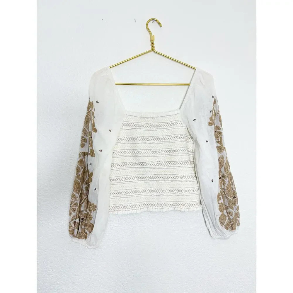 NWT Anthropologie Smocked Embroidered Top Size Small Cream Sequin Boho Chic
